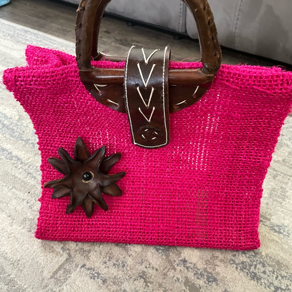 Pink Woven Handbag with Brown Accents